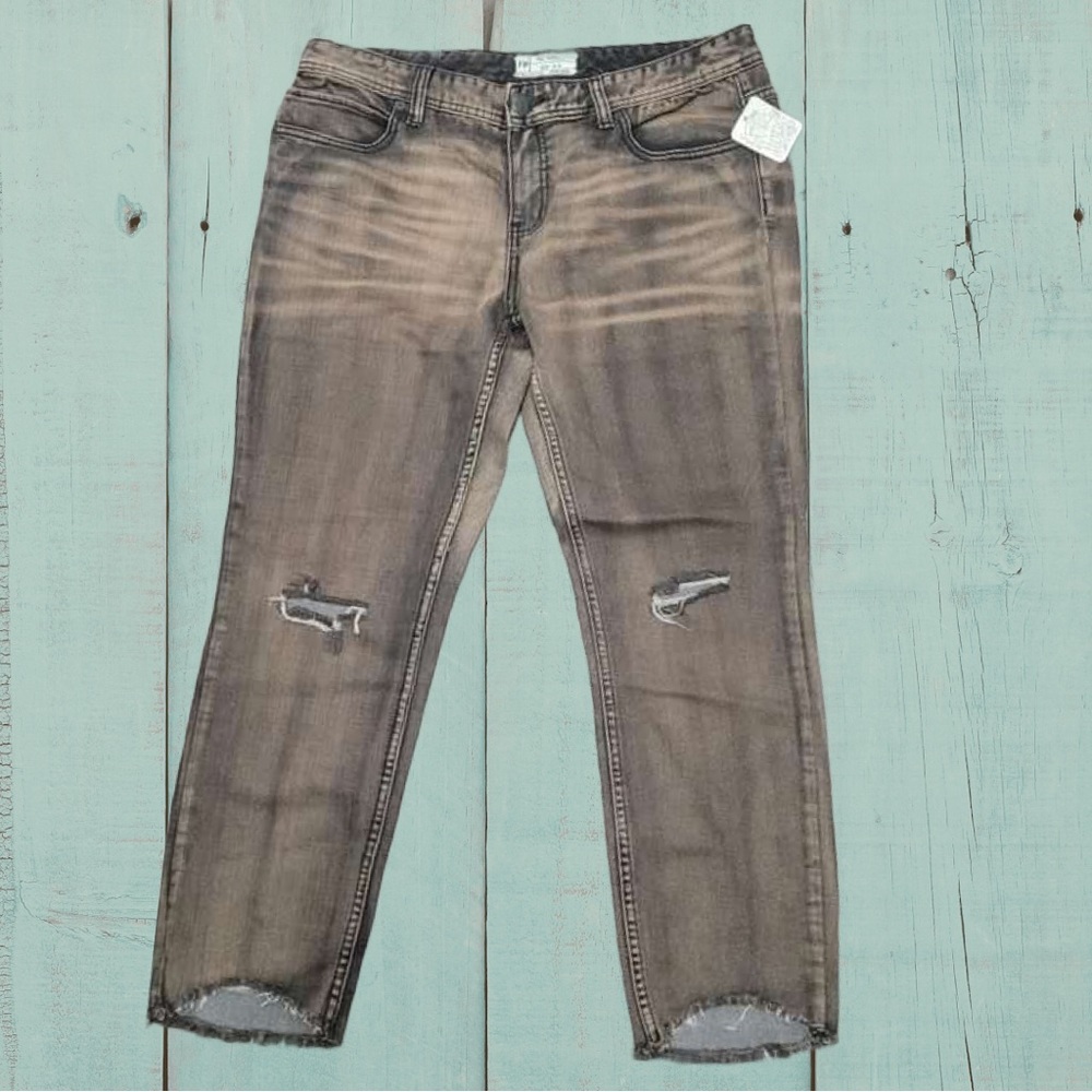 Free People Black and Brown Bleach Washed Jeans With Knee Rips and Frayed Cuffs